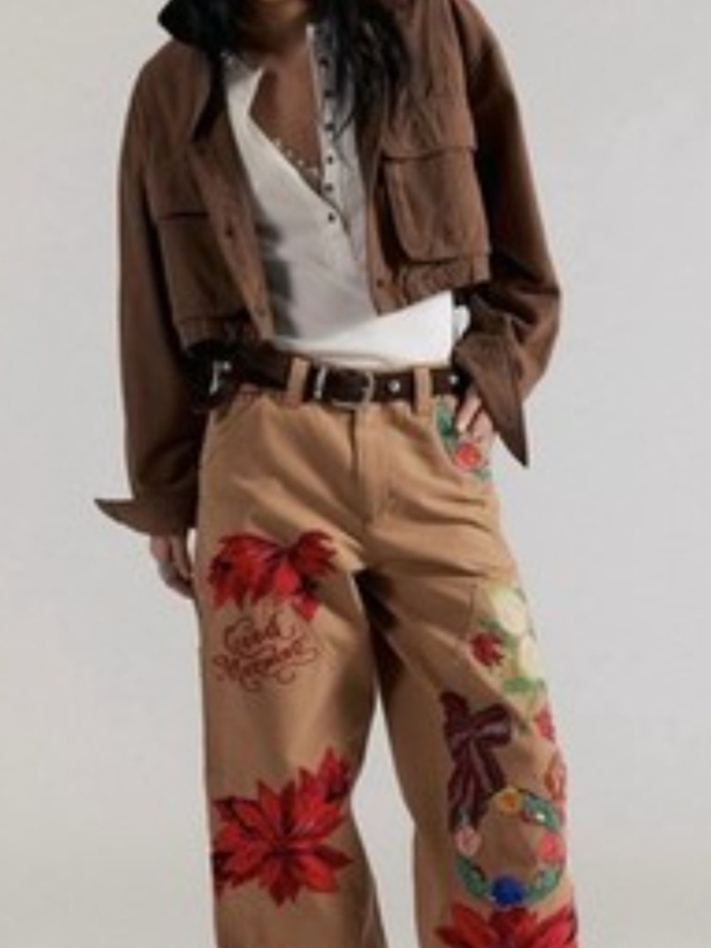 Free People "Bright Time Craft" Tan Embroidered Floral Wide-Leg Jeans - Picture 3 of 14